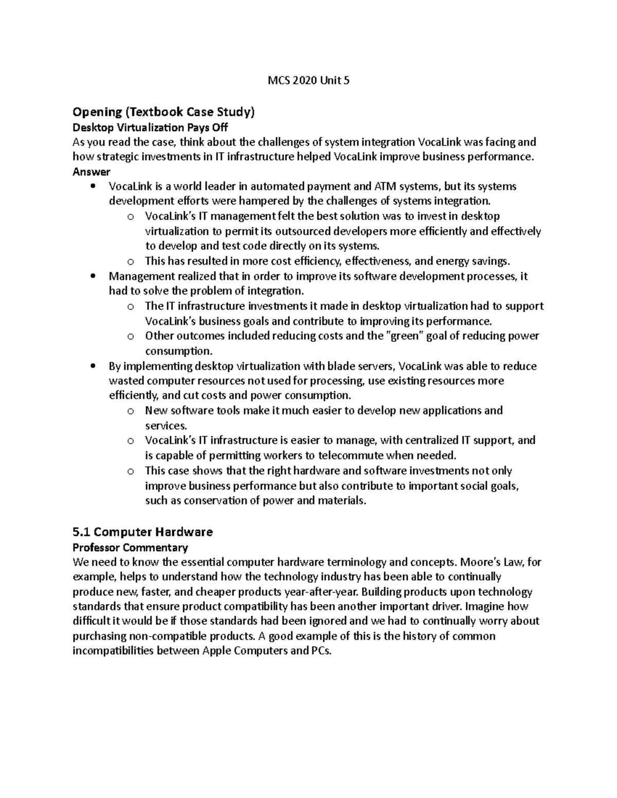 MCS 2020 Unit 5 - Unit 5 - MCS 2020 Unit 5 Opening (Textbook Case Study ...