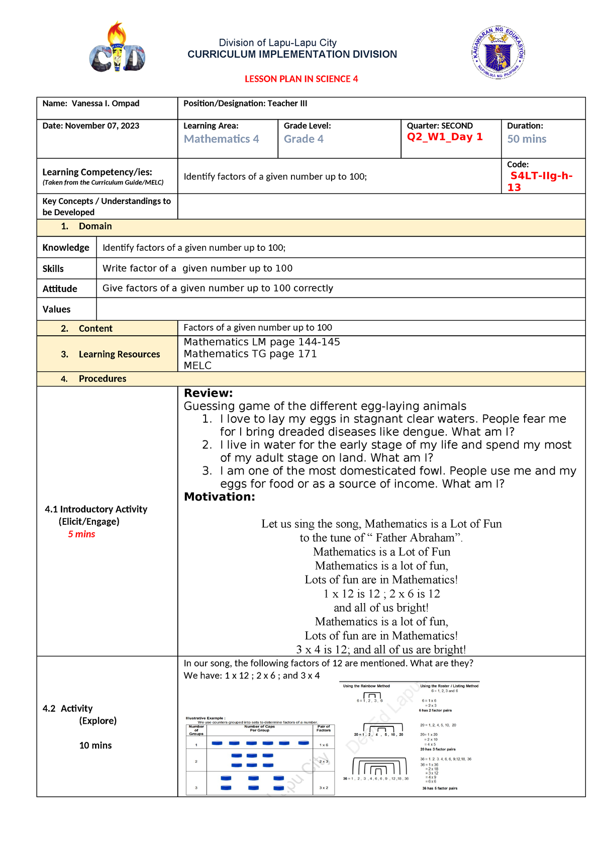 Lesson PLAN MATH 4 2nd Week 1 - Division of Lapu-Lapu City CURRICULUM ...