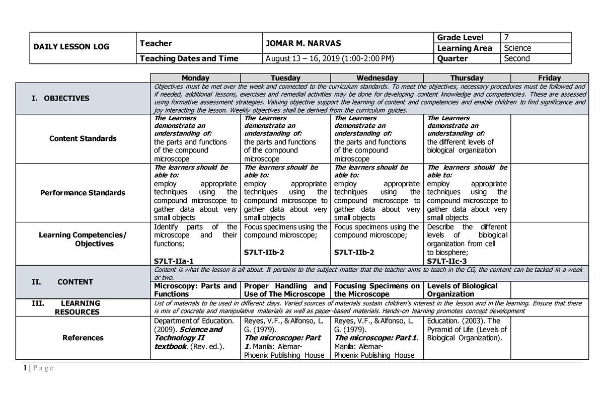 Dllscience 7q2-190809065444 - DAILY LESSON LOG Teacher JOMAR M. NARVAS ...