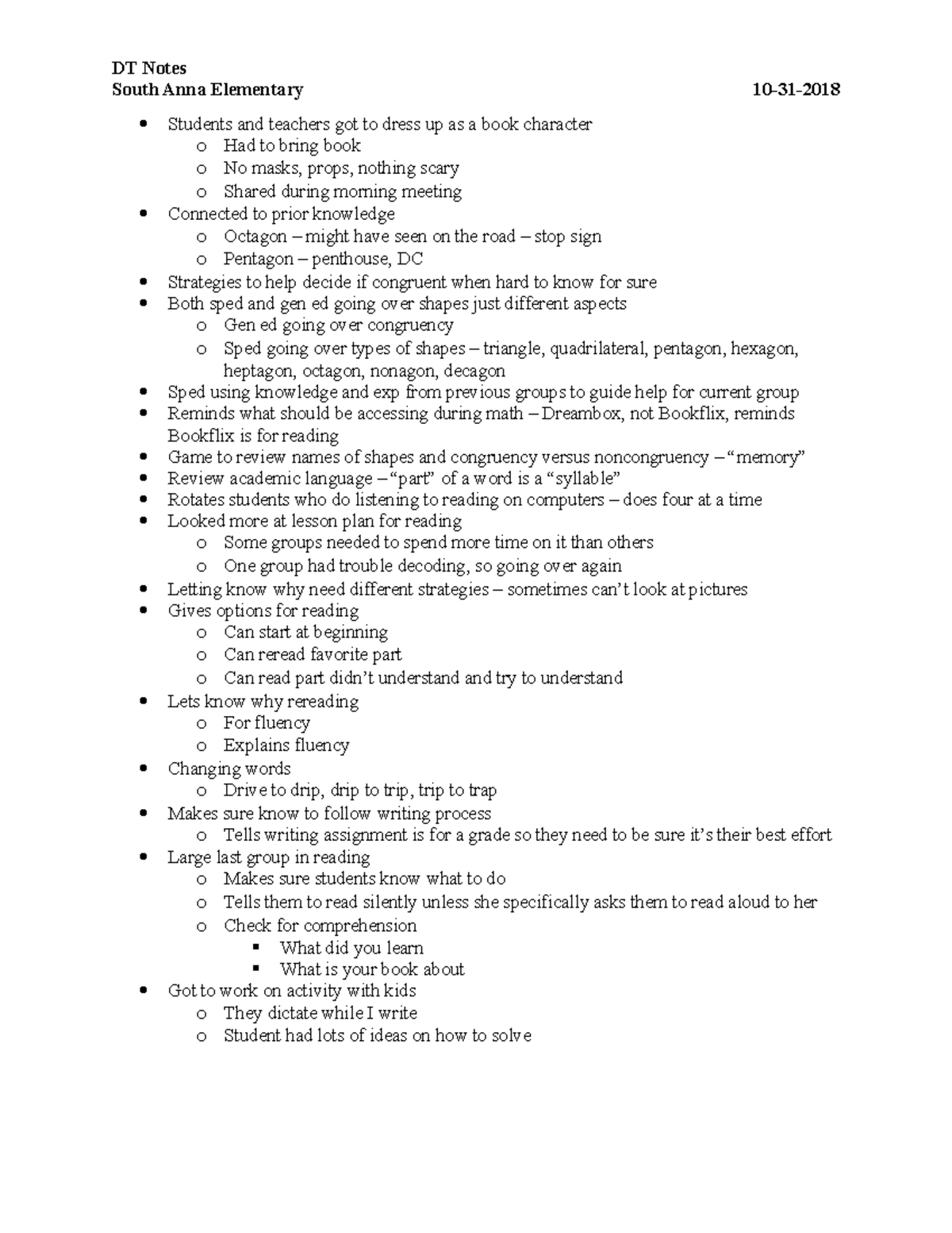 DT Notes 2018 10 31 - observations - DT Notes South Anna Elementary ...