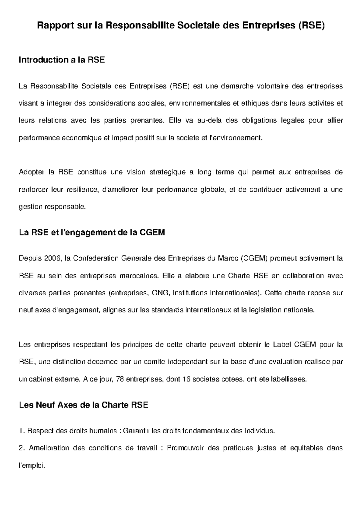 Rapport RSE - Rapport sur la Responsabilite Societale des Entreprises ...