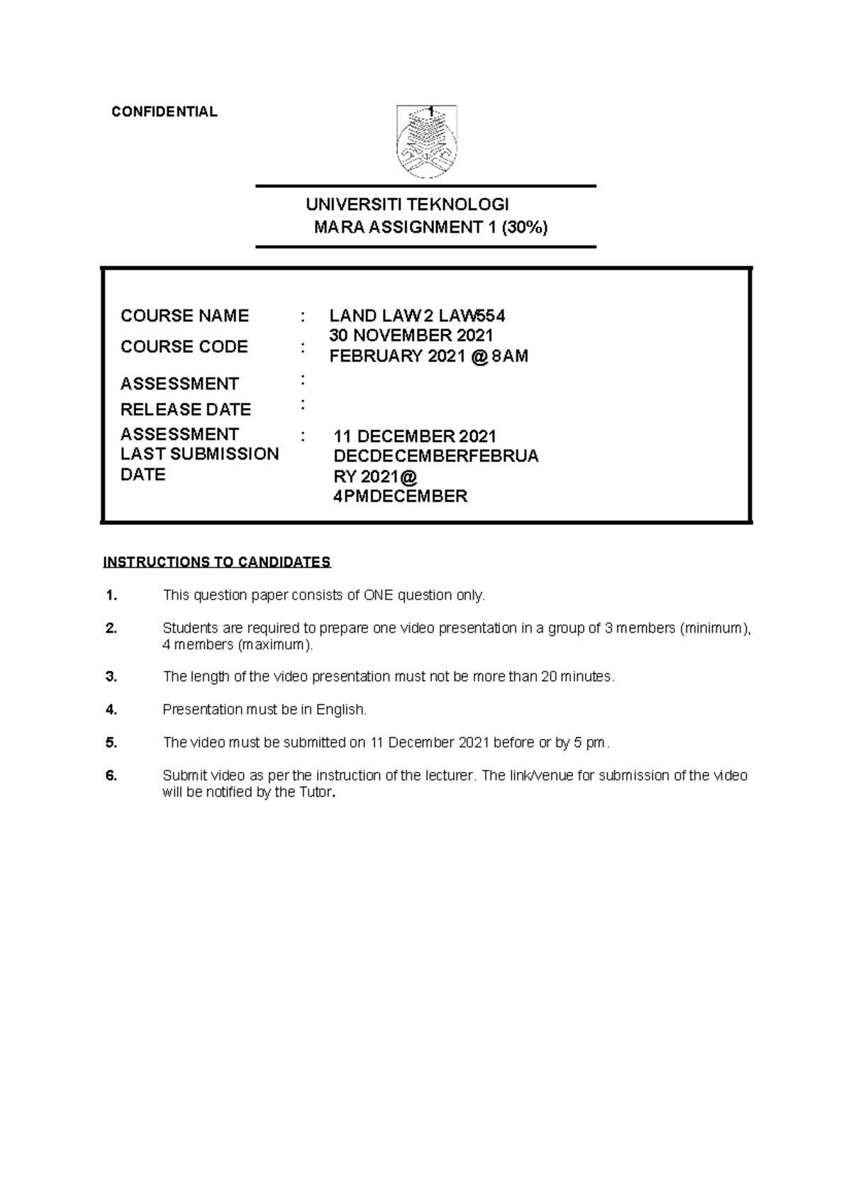 Assignment 1 - CONFIDENTIAL UNIVERSITI TEKNOLOGI MARA ASSIGNMENT 1 (30% ...