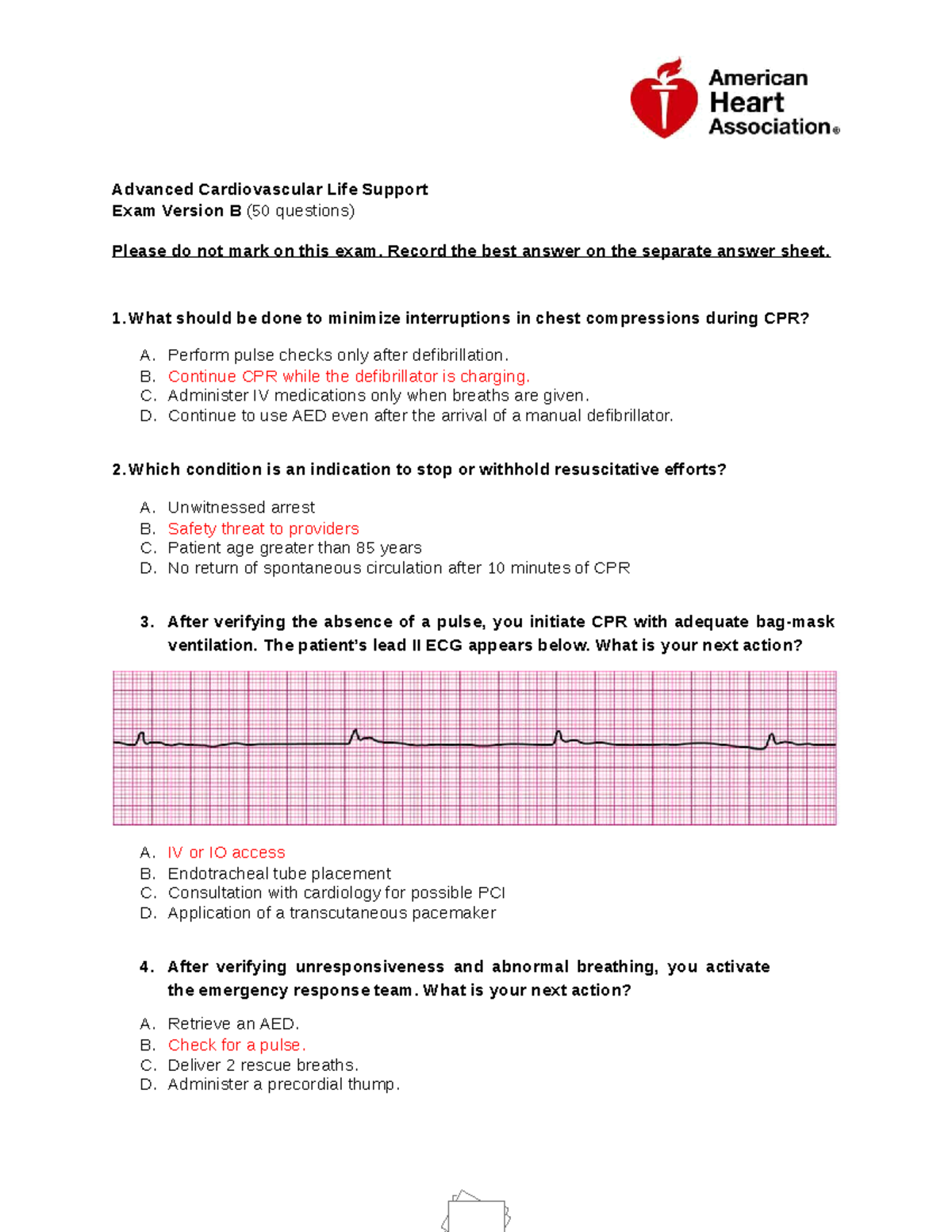 ACLS Exam Version B - Acls Exam - Advanced Cardiovascular Life Support ...