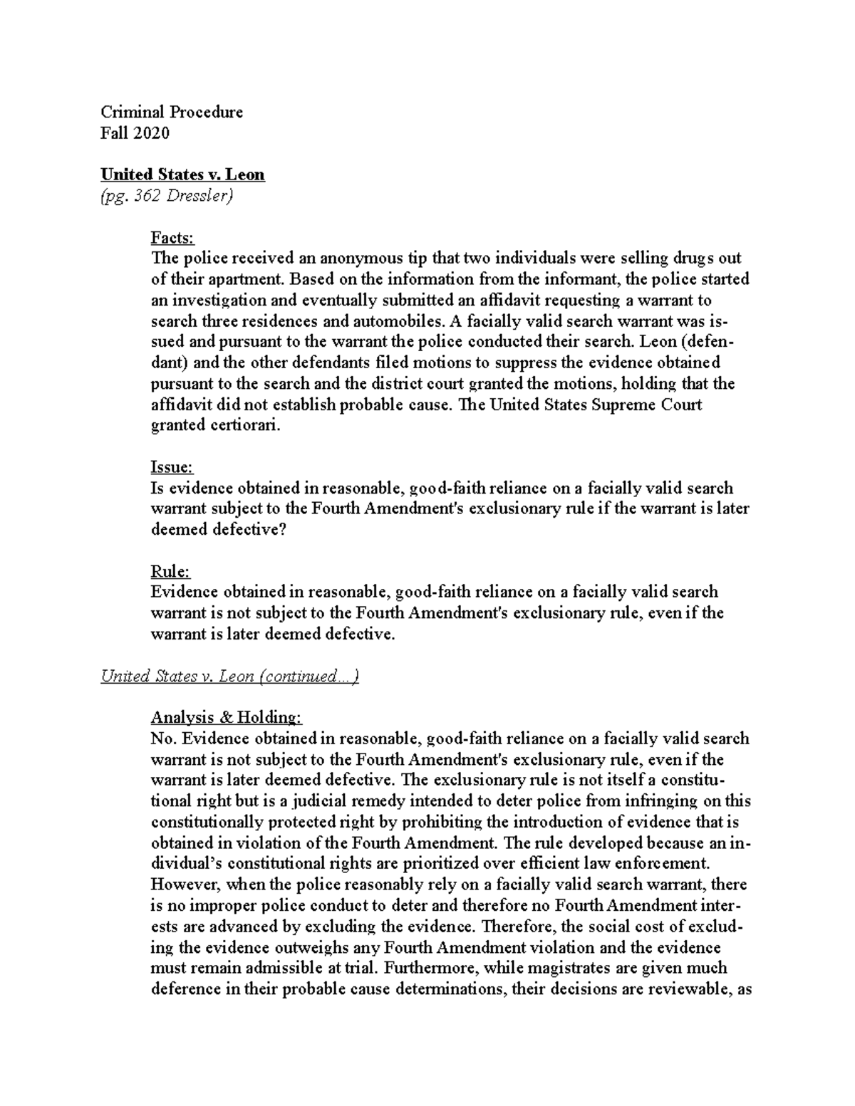 Case Brief Crim Pro 2020 United States v. Leon Criminal Procedure