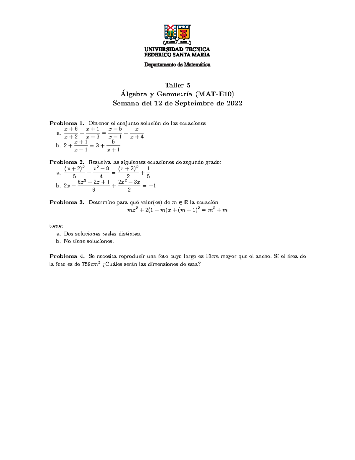 Taller 05Mate10 - Taller 5 Algebra y Geometr ́ ́ ıa (MAT-E10) Semana ...