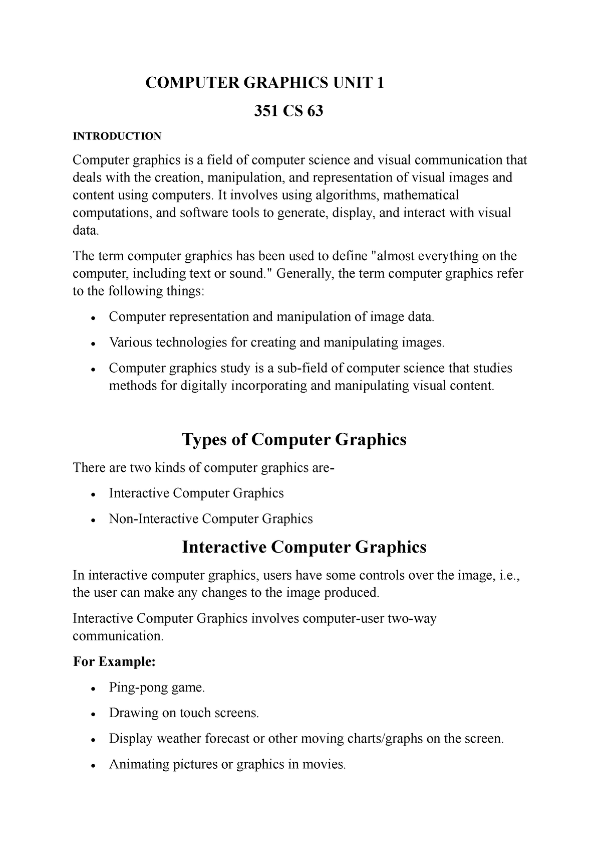 Computer Graphics UNIT 1 - COMPUTER GRAPHICS UNIT 1 351 CS 63 ...