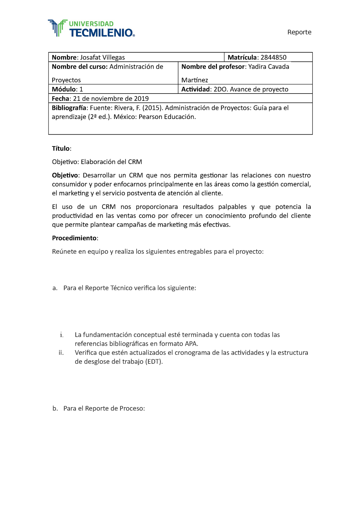 2do. Avance de proyecto Administracion de proyectos - Nombre: Josafat ...