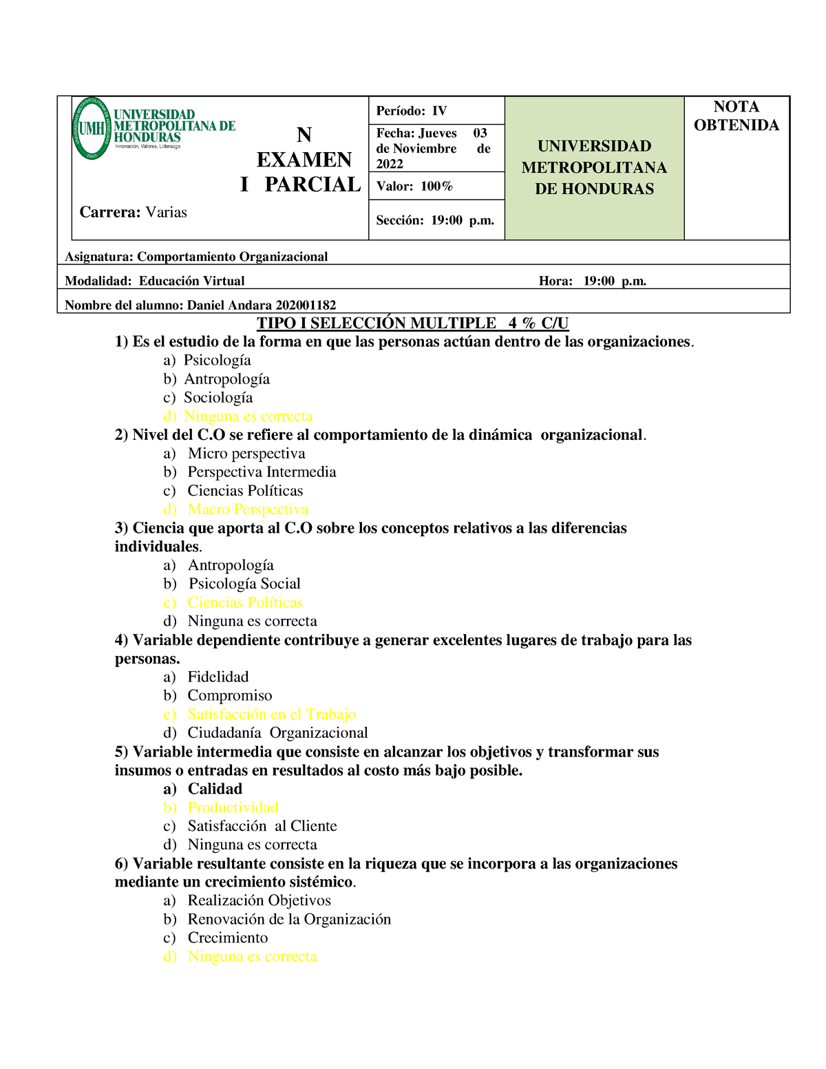 Examen Final Daniel Andara Asignatura Comportamiento Organizacional