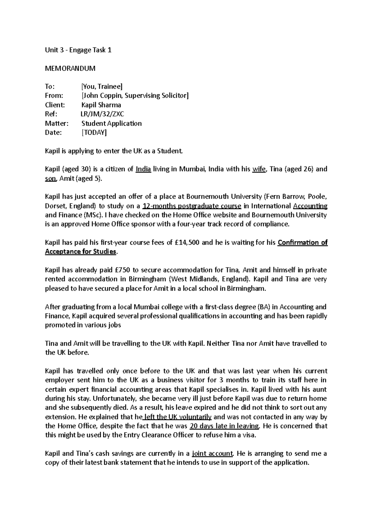 Unit 3 - Engage Task 1 - Unit 3 - Engage Task 1 MEMORANDUM To: [You ...