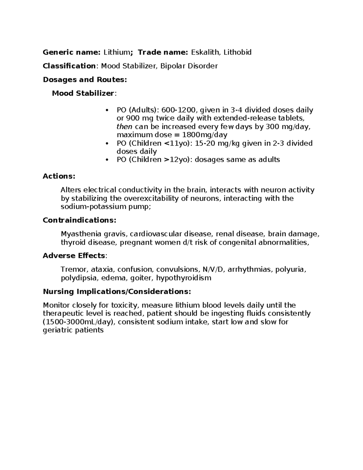 Drug Card - Lithium - Generic name: Lithium; Trade name: Eskalith ...