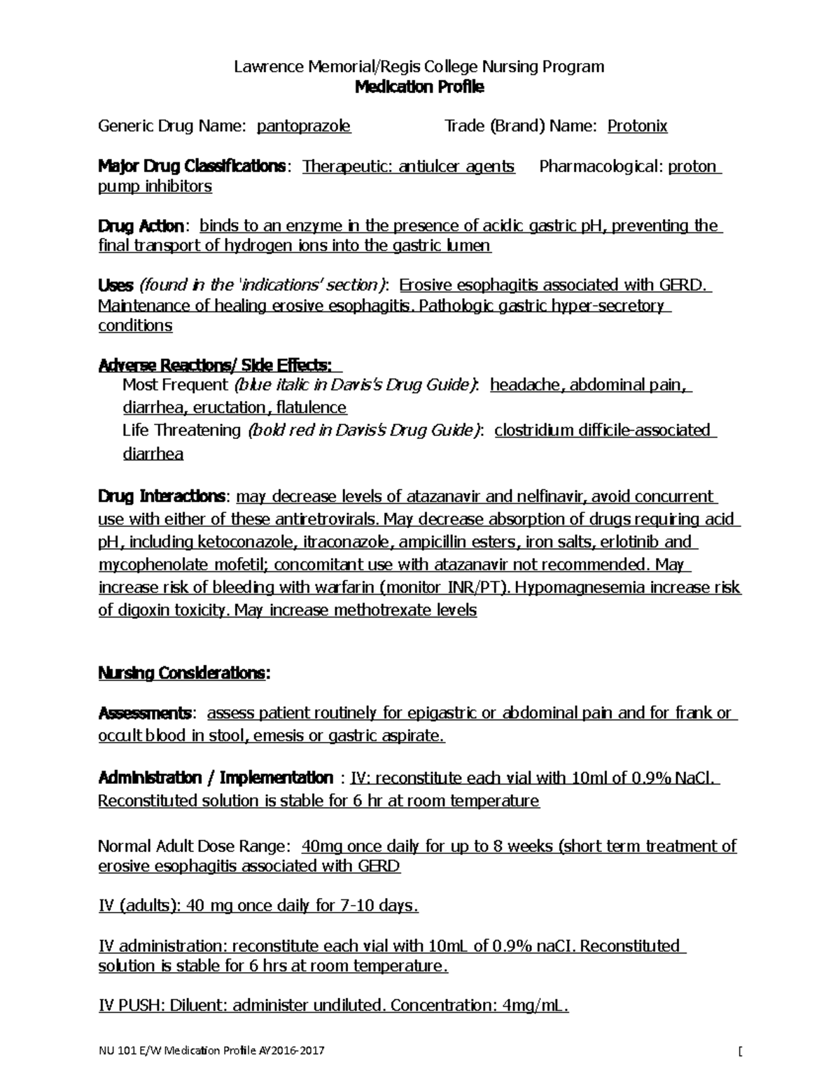 Medication Profile B Protonix - Lawrence Memorial/Regis College Nursing ...