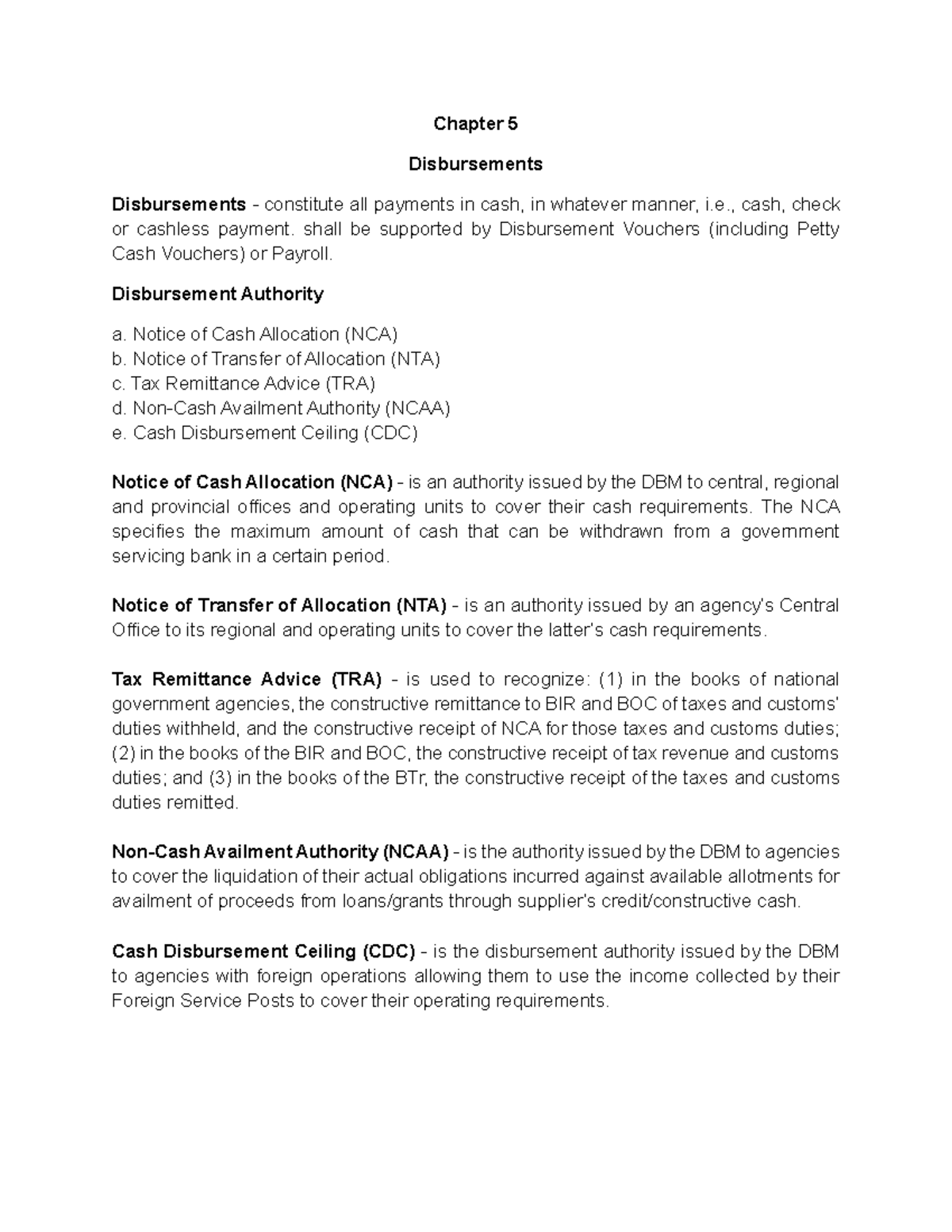 Chapter-5 Disbursements Notes - Chapter 5 Disbursements Disbursements ...