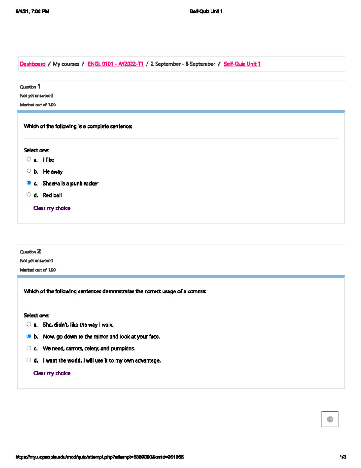 ENGL 0101 - UNIT 1 QUIZ - English Composition 1 - Self - Quiz Unit 1 ...