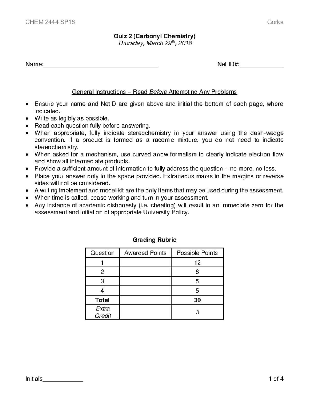 CHEM 2444 SP18 Quiz 2 - quiz 2 key - Quiz 2 (Carbonyl Chemistry ...
