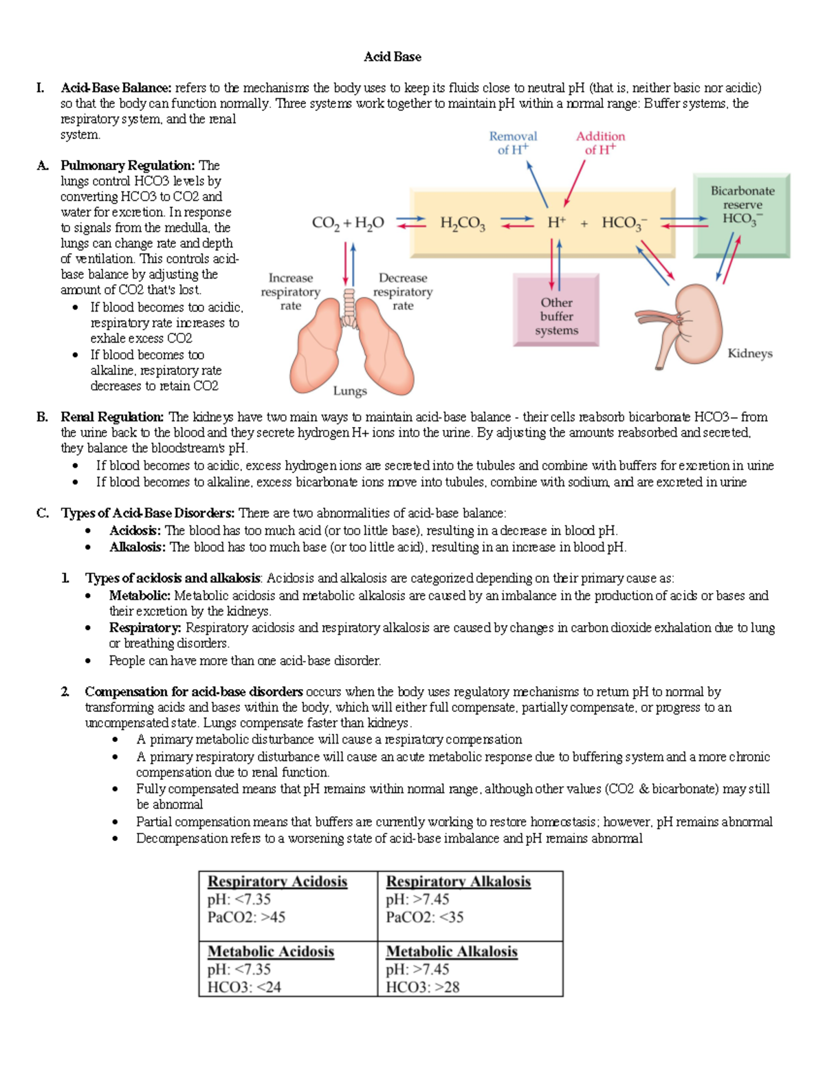 Acid Base Lecture Notes Acid Base Regulation Acid Base I Acid Base