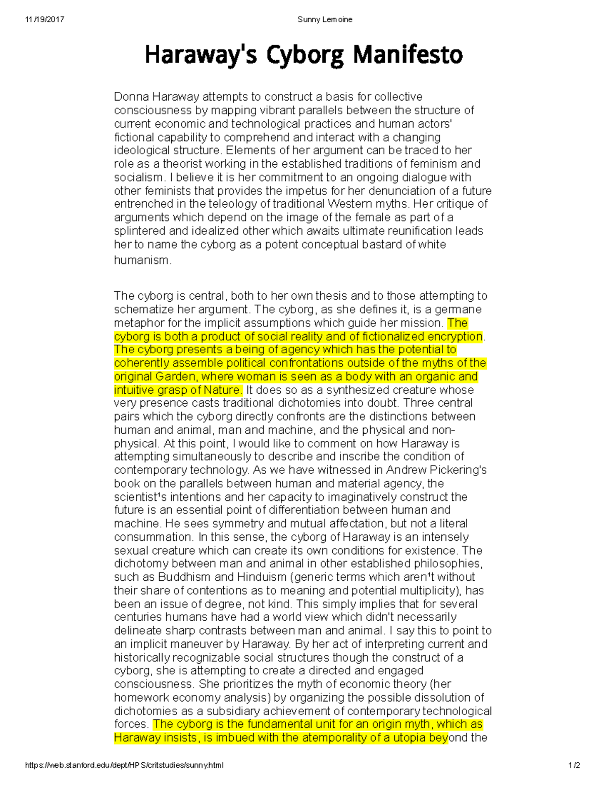 Lecture notes 1 Sunny Lemoine Manifesto Donna Haraway