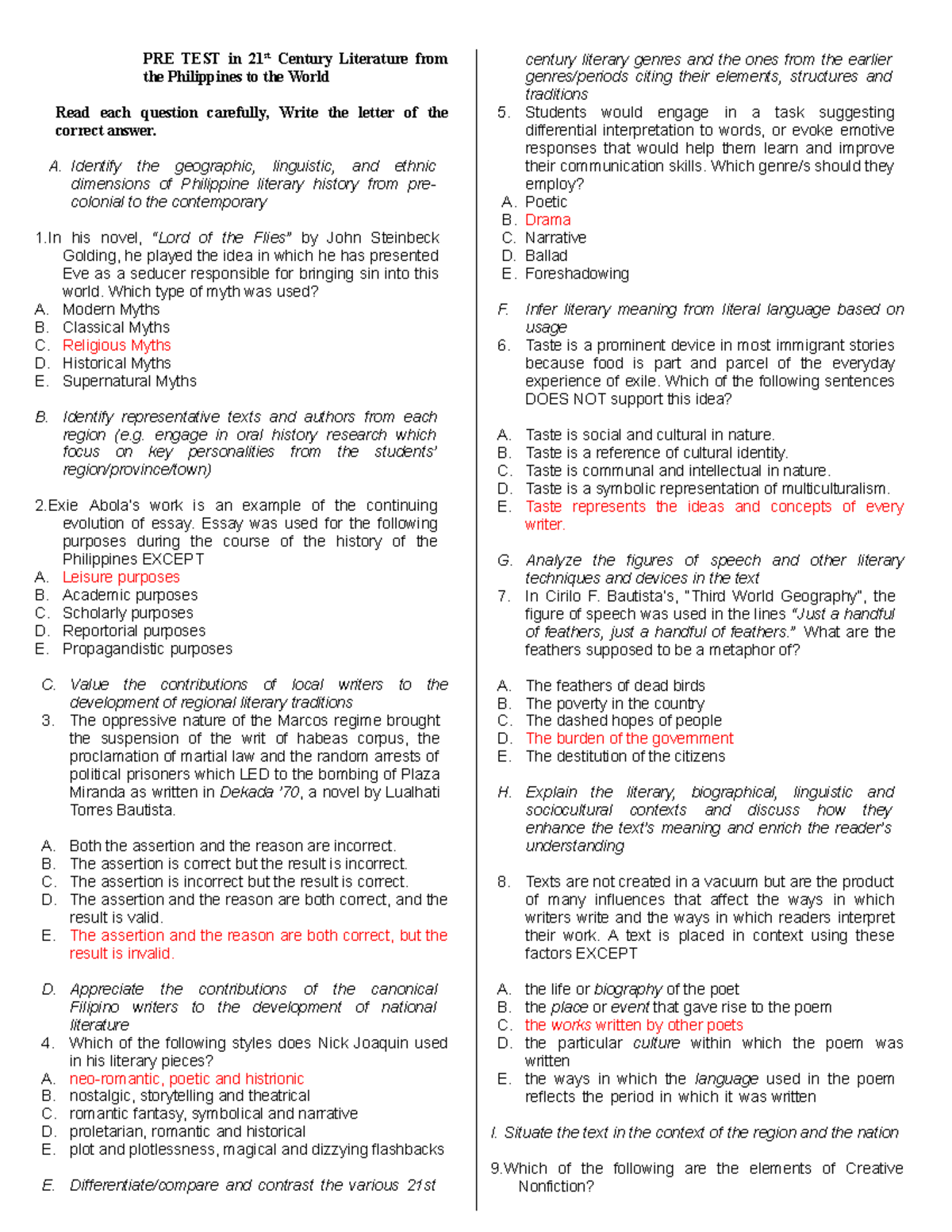 PRE TEST in 21st Century Literature from the Philippines to the World