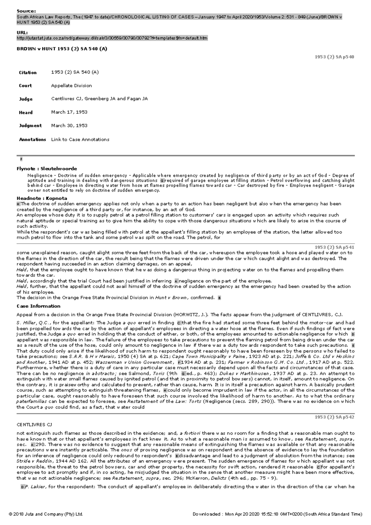 Brown v HUNT 1953 2 SA 540 A Source Studocu