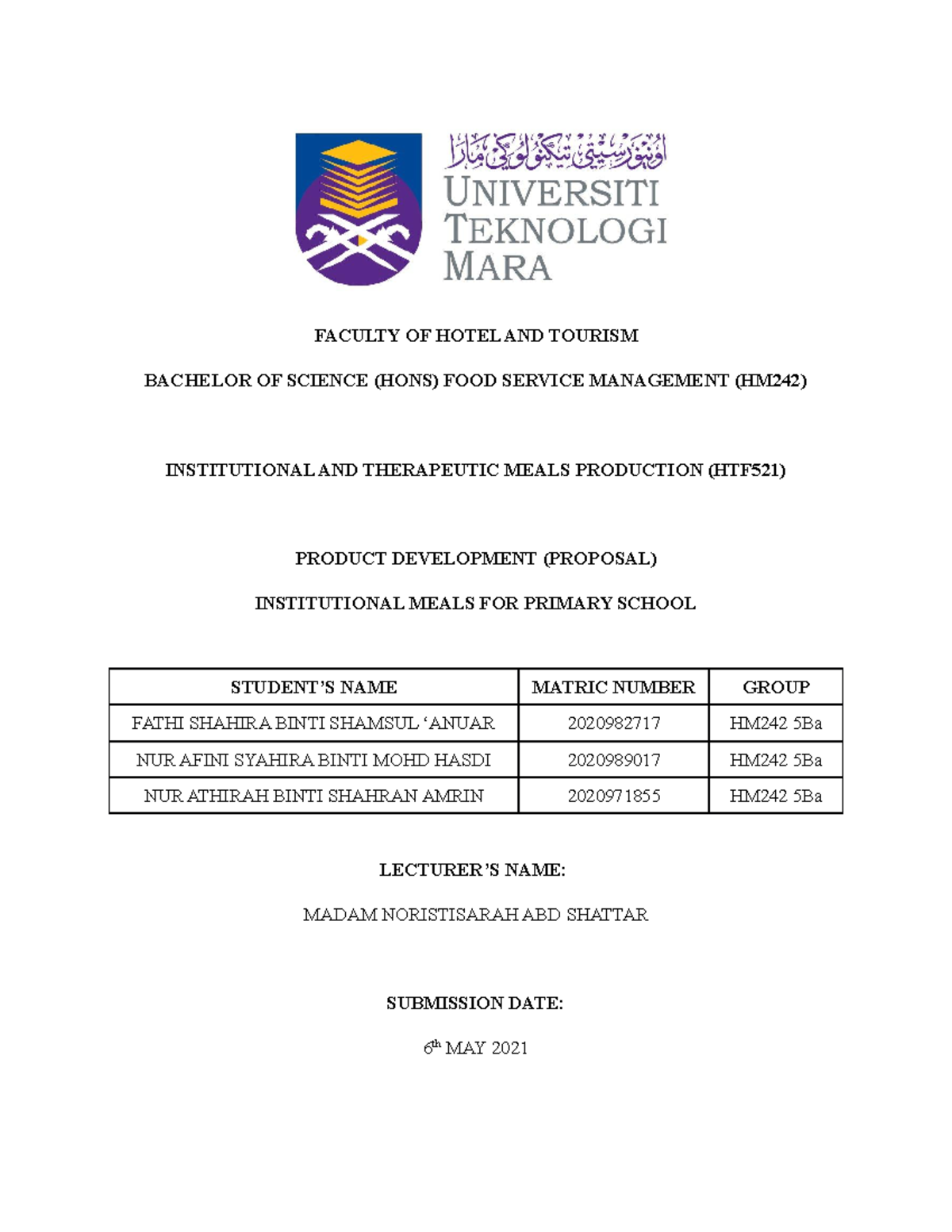 Product Development Proposal Food Service Management Hm242 Uitm Studocu