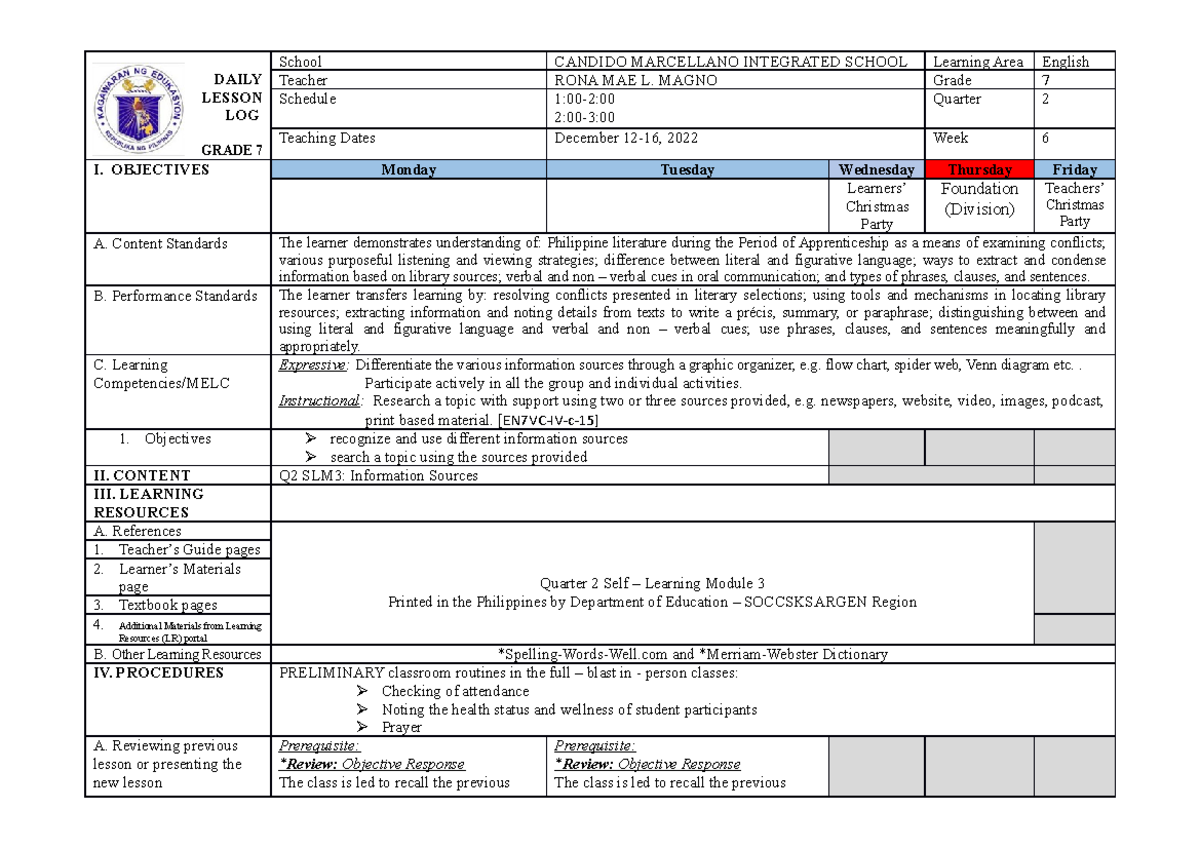 Magno DLL ENG7 Q2 W6 - This is a sample DLL. - DAILY LESSON LOG GRADE 7 ...