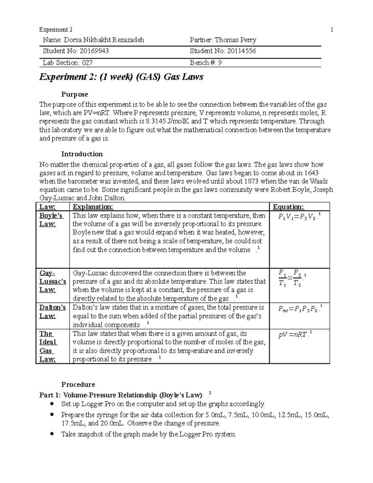 Gas laws lab lab Experiment 2 Name Dorsa Nikbakht Rezazadeh