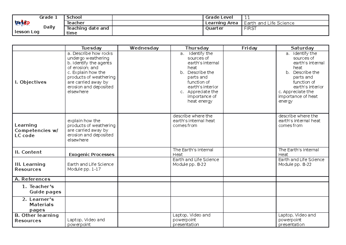 Daily Lesson LOG - X NS X N S X - Grade 1 to 12 Daily lesson Log School ...