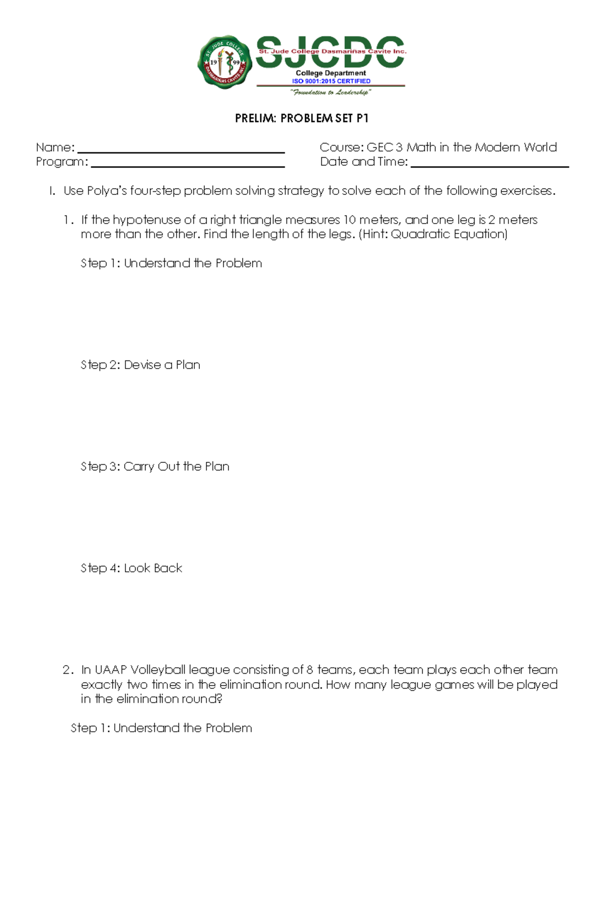 GEC 3 Prelim Problem SET P1 - PRELIM: PROBLEM SET P Name: Course: GEC 3 ...