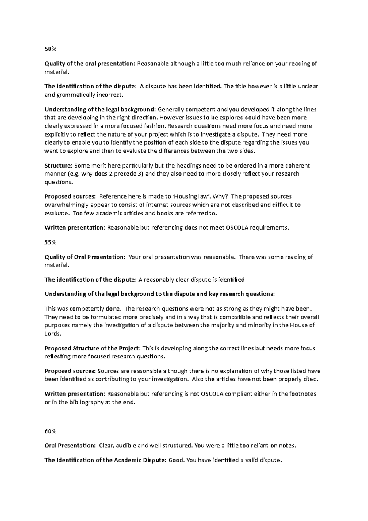 Marking comments on proposals LAW6TLP LSBU Studocu