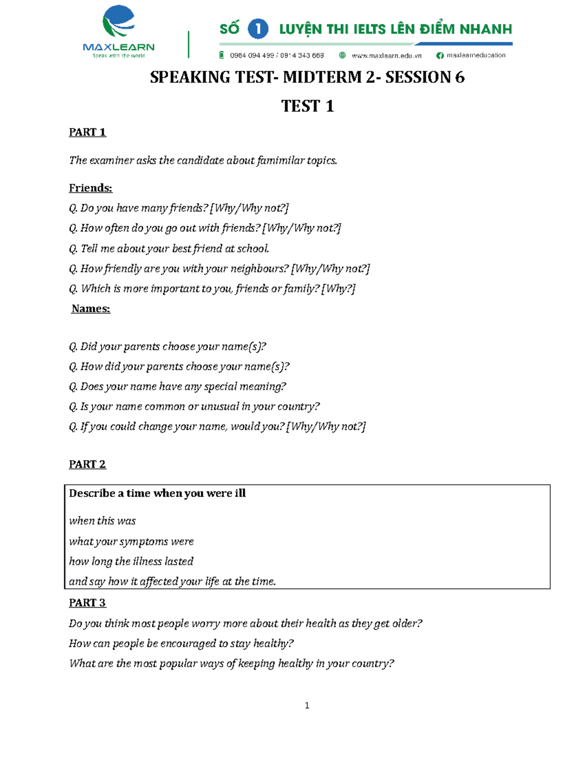 Speaking test HP 6 Midterm 2 SPEAKING TEST MIDTERM 2 SESSION 6 TEST