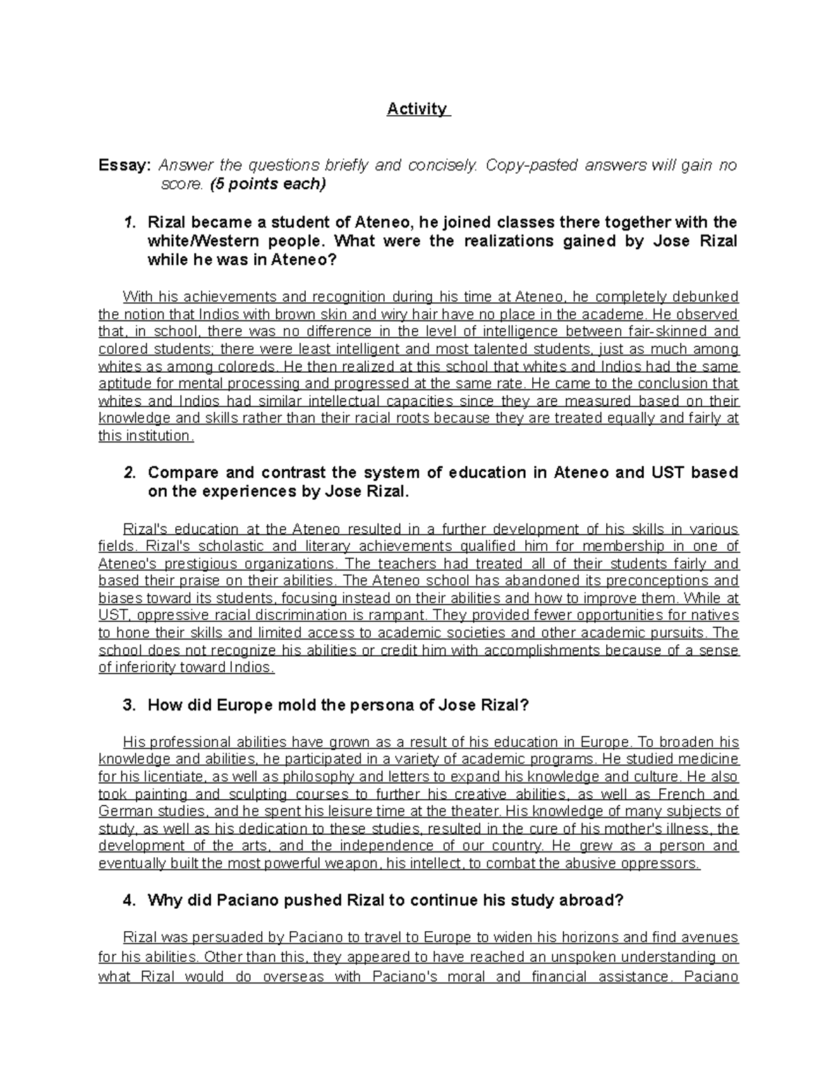 Rizal's Education - Activity Essay: Answer the questions briefly and ...