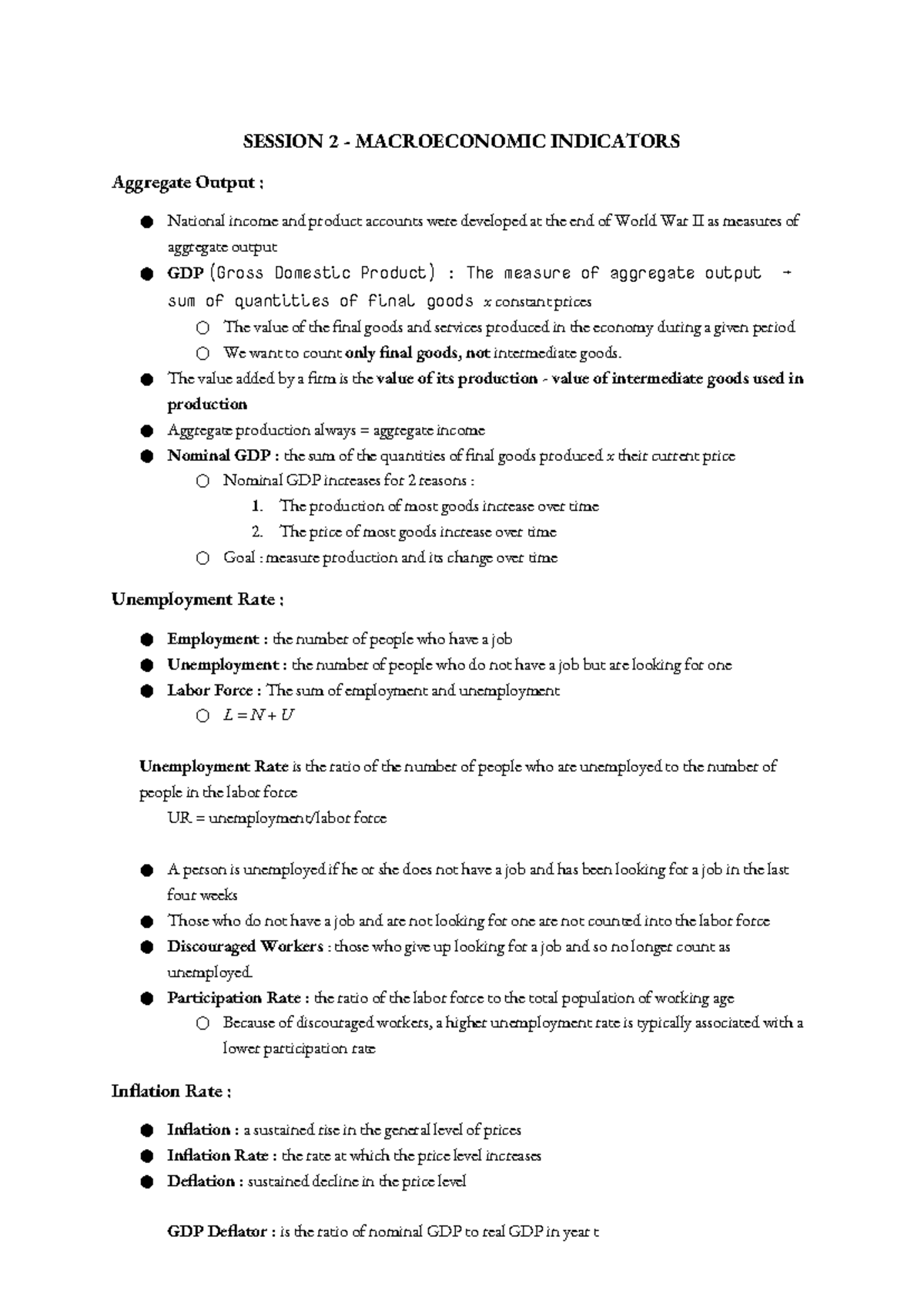 Macro notes - SESSION 2 - MACROECONOMIC INDICATORS Aggregate Output ...