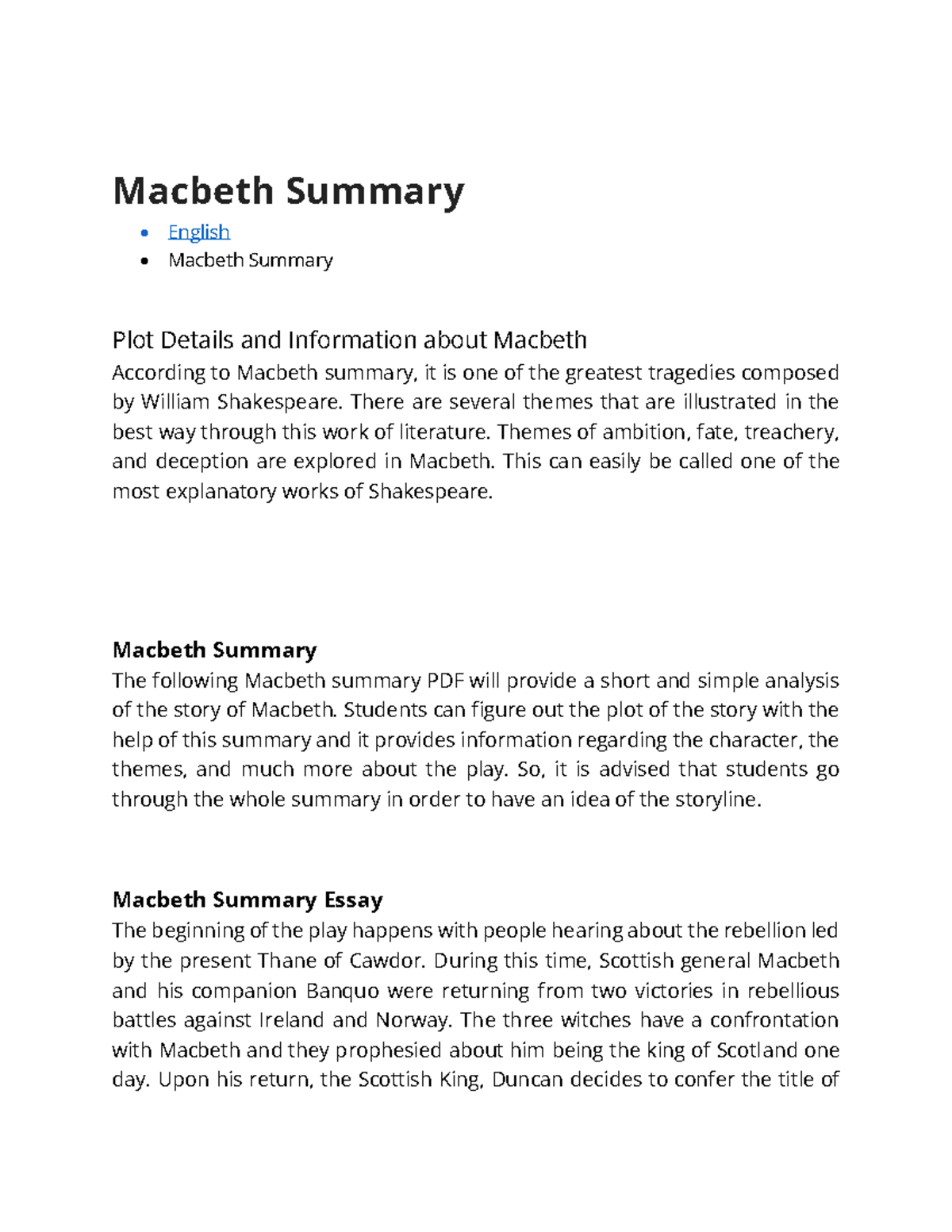 Macbeth by William Shakespeare Summary - Macbeth Summary English ...