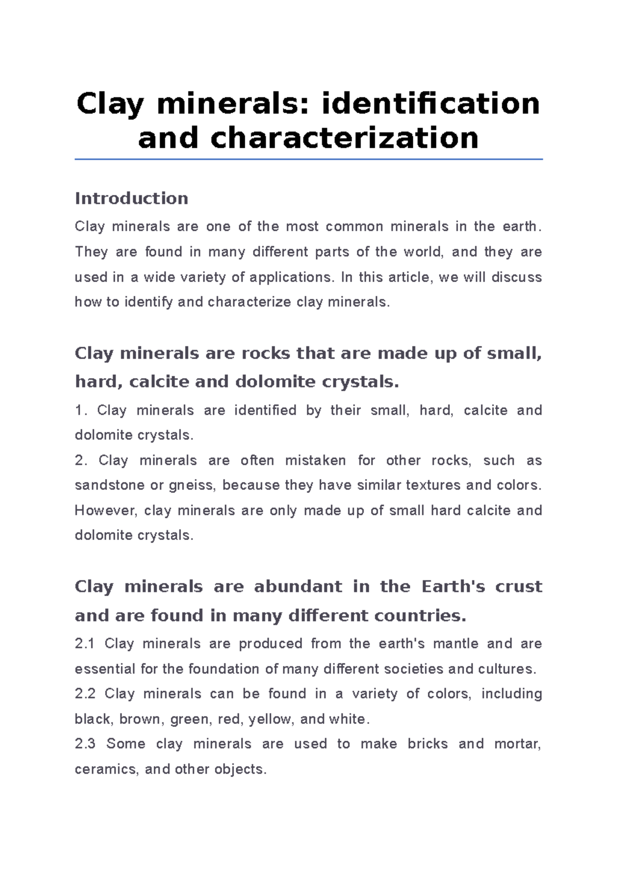 Clay minerals identification and characterization Clay minerals