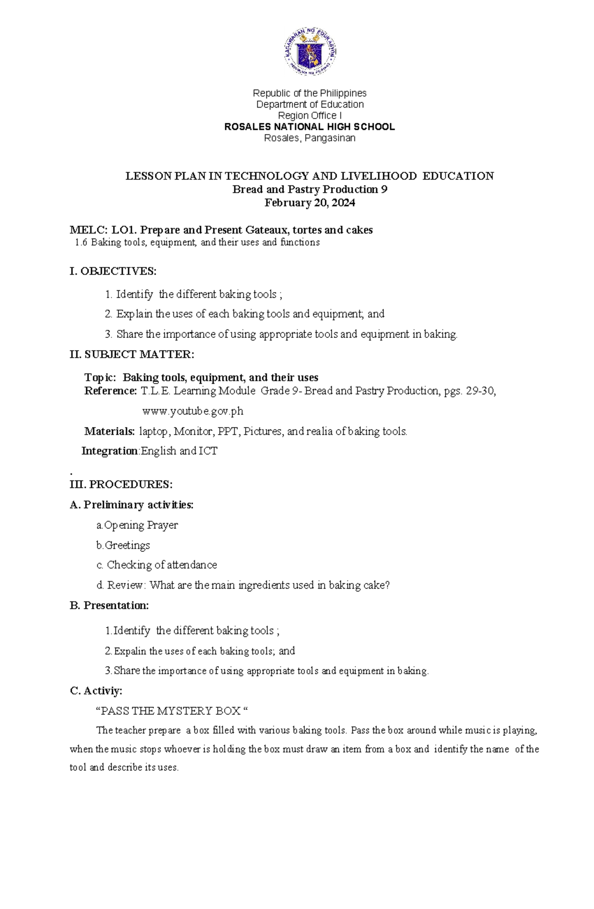 Cot 3rd-BPP 9 - COT lesson plan 3rd quarter BPP - Republic of the ...