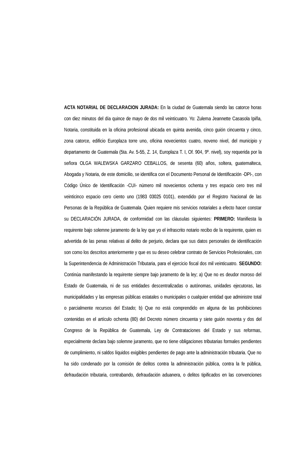 ACTA Notarial DE Declaracion Jurada - ACTA NOTARIAL DE DECLARACION ...