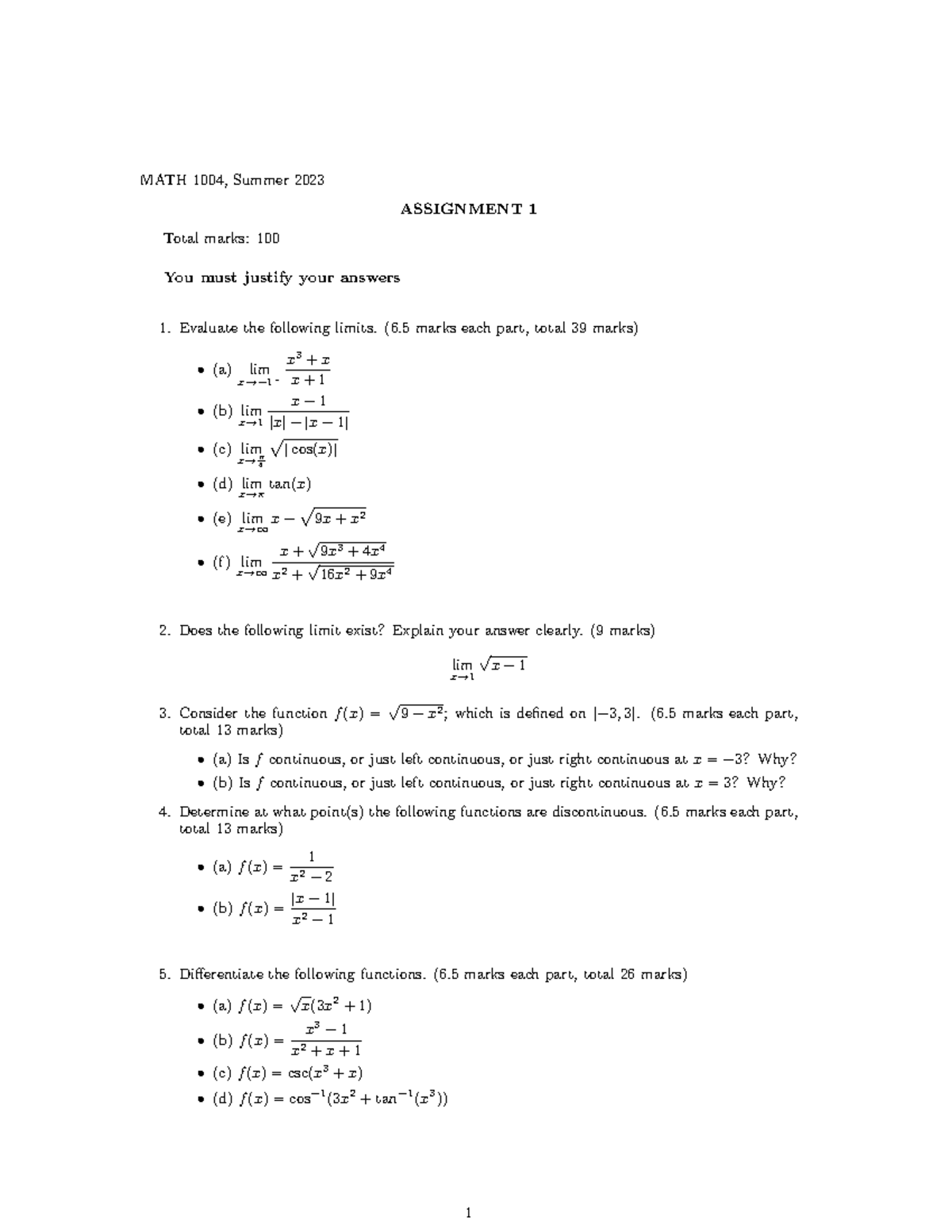 Assignment-1 - notes - MATH 1004, Summer 2023 ASSIGNMENT 1 Total marks ...