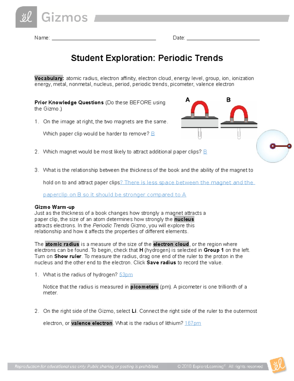 Periodic Trends Atomic Radius - Name: Date: Student Exploration