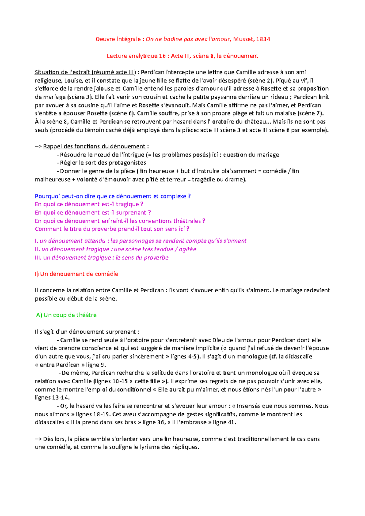 Le Lombric Analyse Linéaire Lecture analytique 16 Acte III, scène 8 Onbpaa Musset - StuDocu