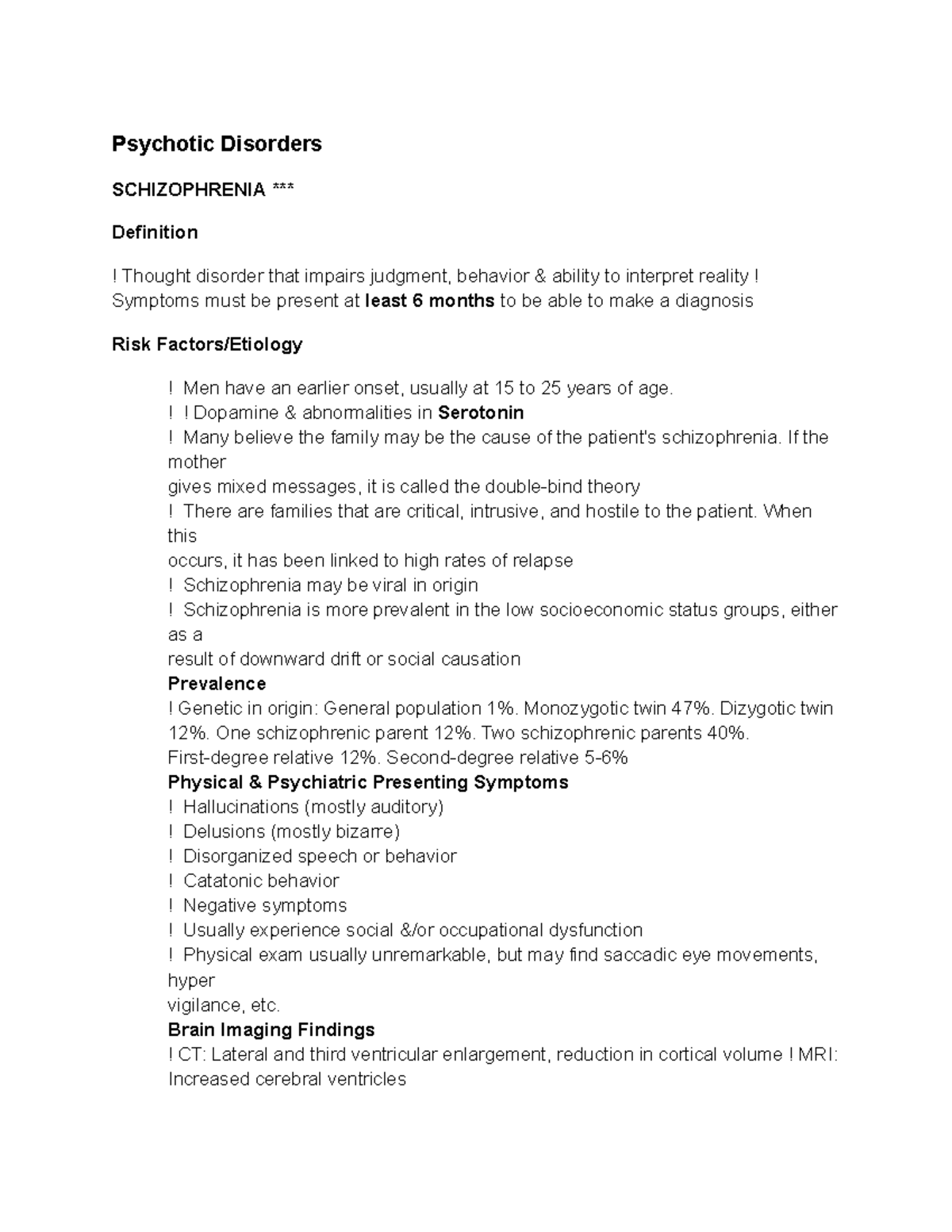 Psych 1500 Notes p7 - Psychotic Disorders SCHIZOPHRENIA *** Definition ...