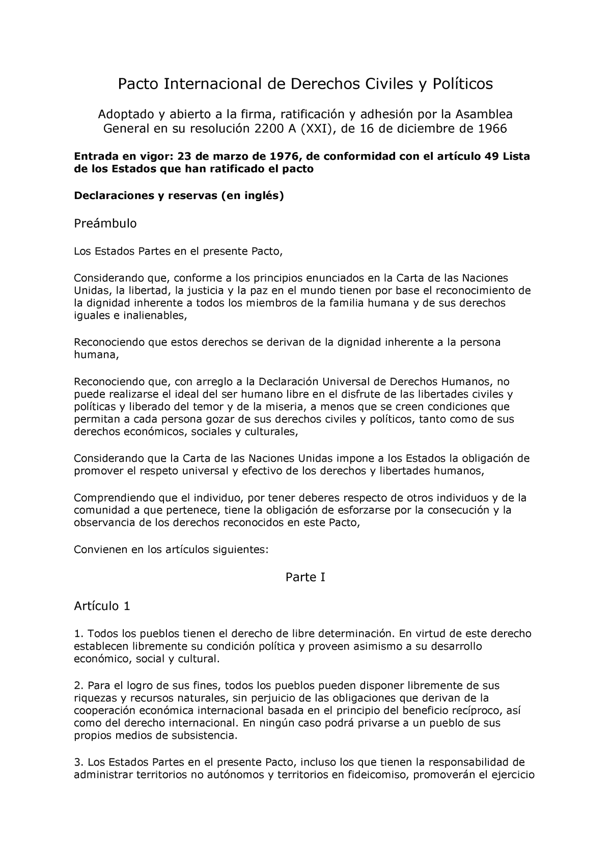 Pacto Internacional De Derechos Civiles Y Politicos 1966 - Pacto ...