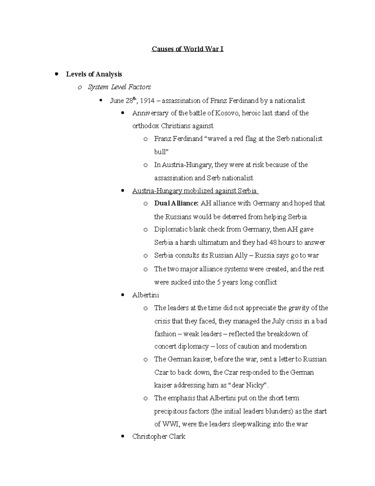 COW - Causes of WWI - notes - Causes of World War I Levels of Analysis ...