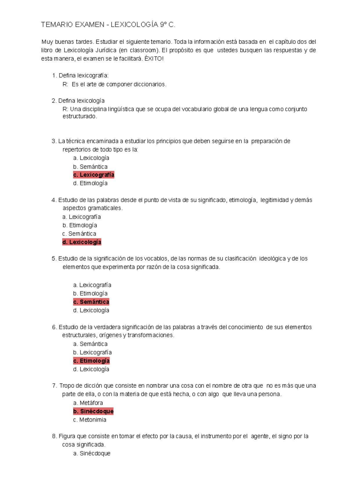 Temario - TEMARIO EXAMEN - LEXICOLOGÍA 9° C. Muy buenas tardes ...