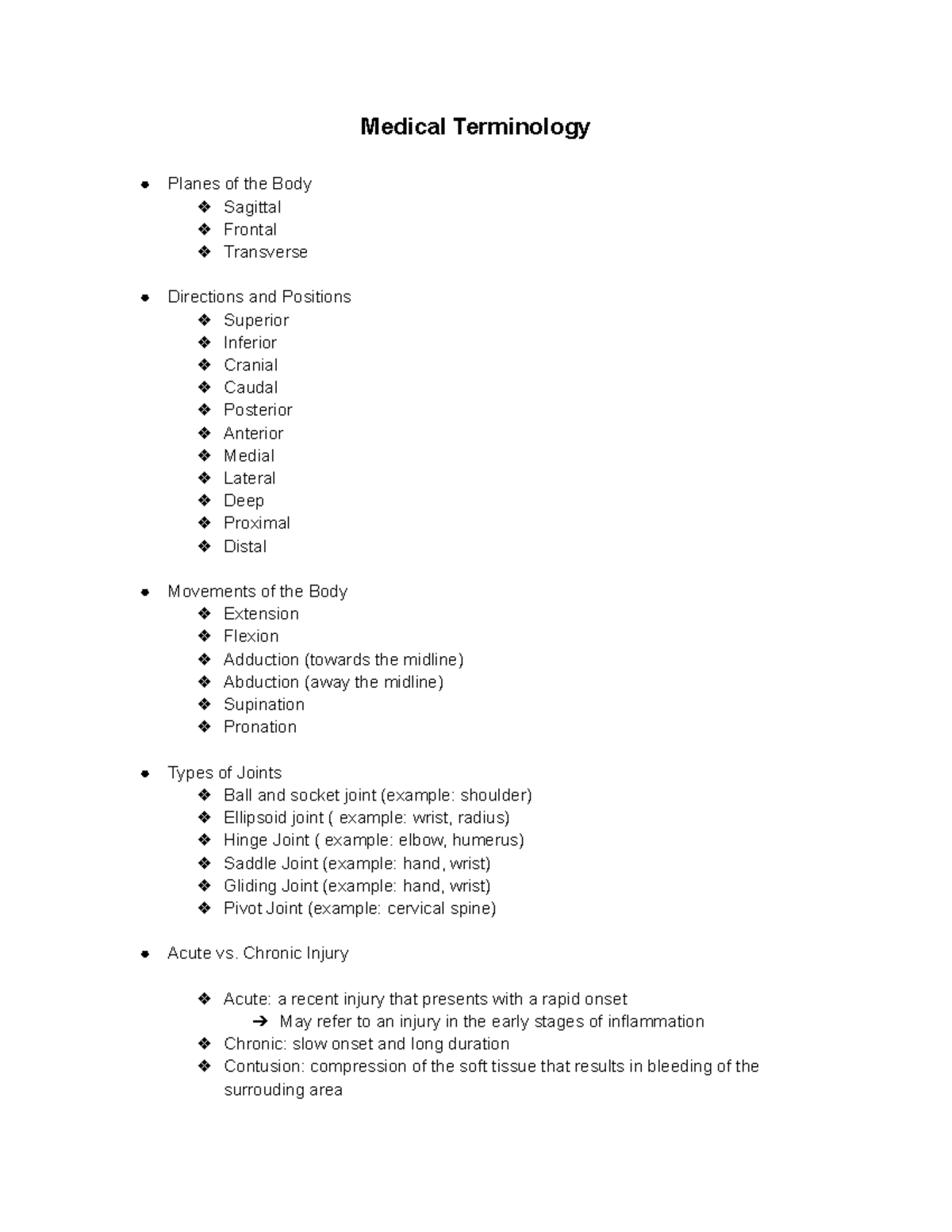 KAAP 106 Medical Terminology - Medical Terminology Planes of the Body ...