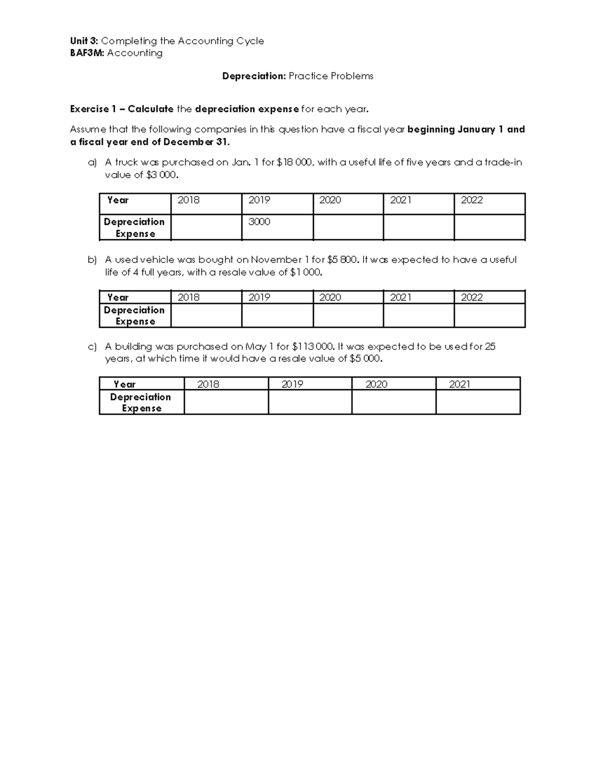 Straight Line Depreciation Practice Problems BAF3M Accounting