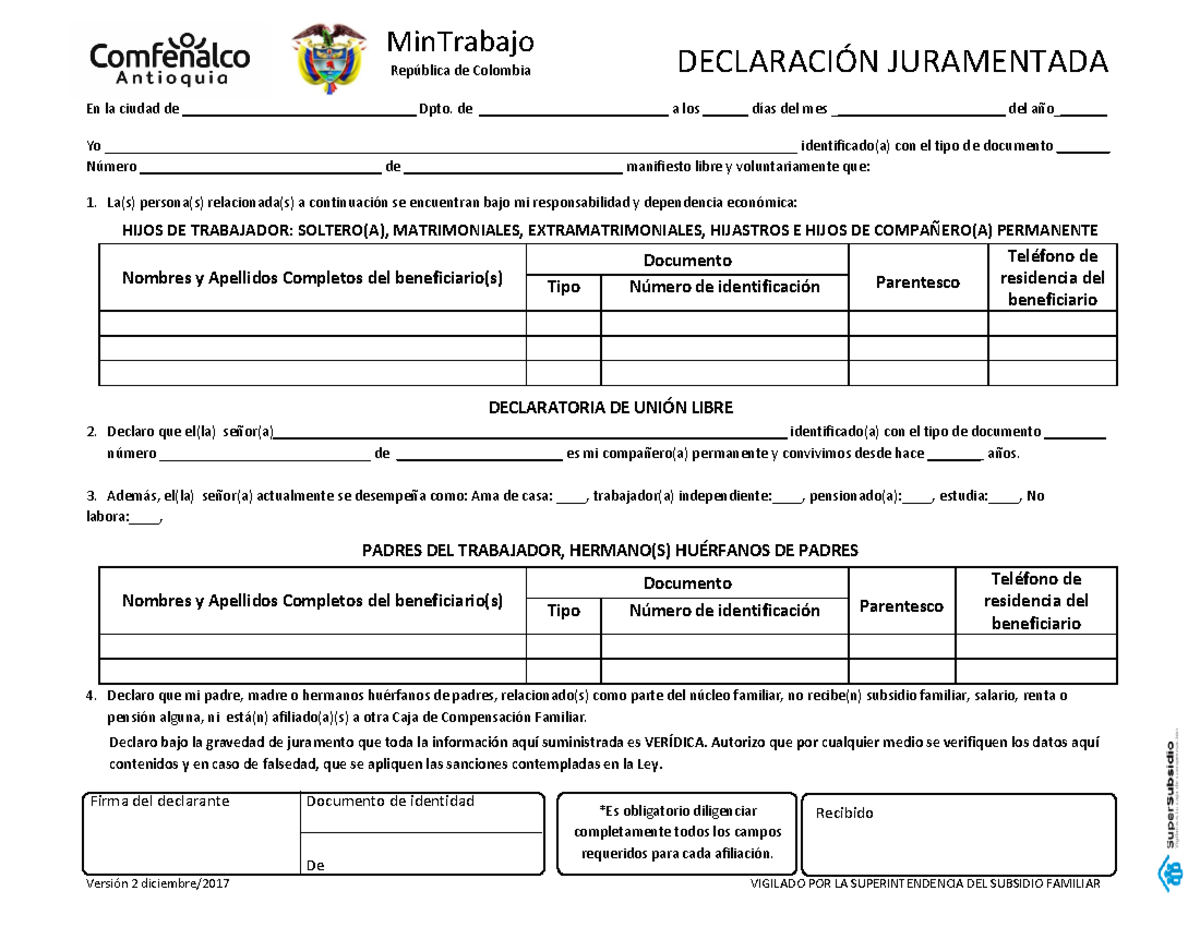 7-Declaración-Juramentada - MinTrabajo Rep ̇blica De Colombia DECLARACI ...