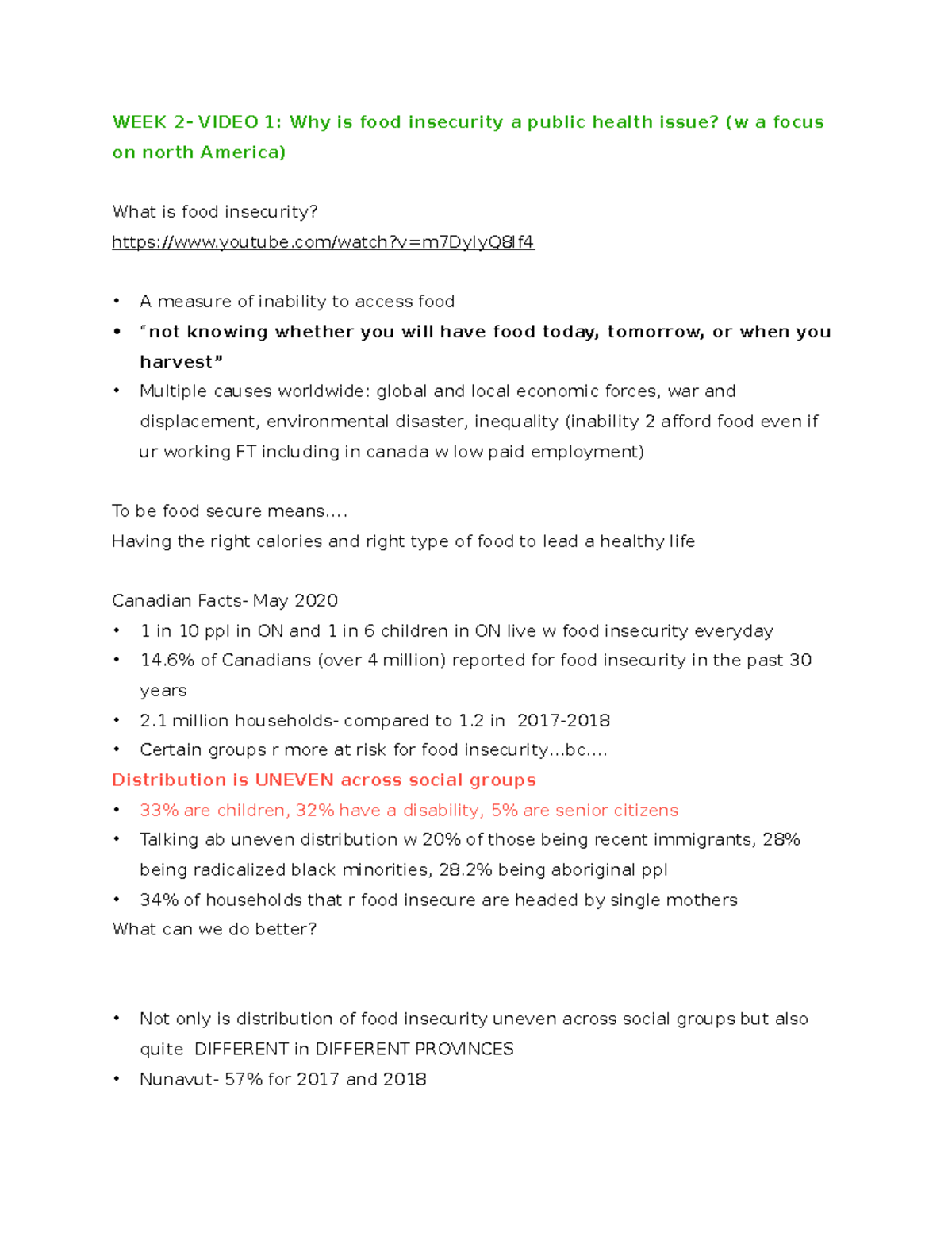 Week 2 lec1,2 - detailed notes - WEEK 2- VIDEO 1: Why is food ...