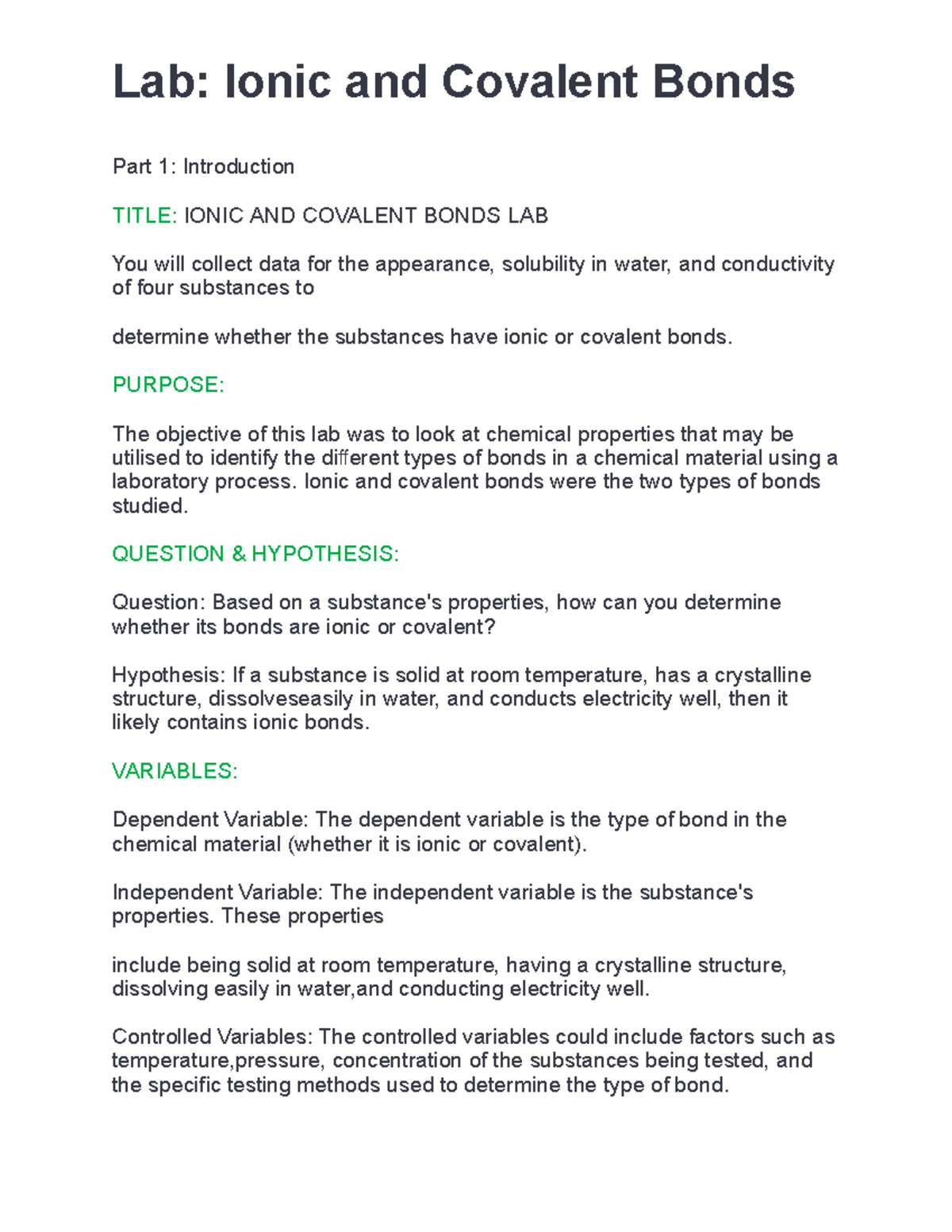 Lab Ionic and Covalent Bonds - Part 1: Introduction TITLE: IONIC AND ...