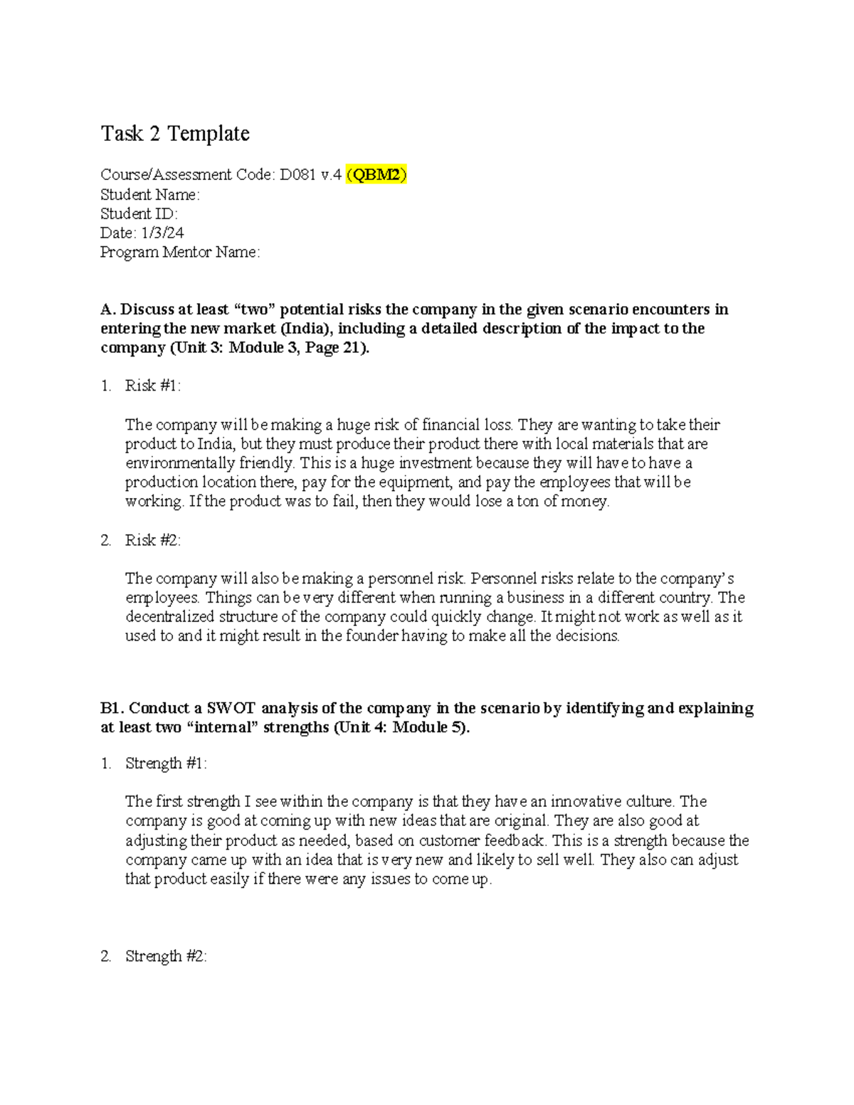 Task 2- D081 - Task 2 - Task 2 Template Course/Assessment Code: D081 v ...