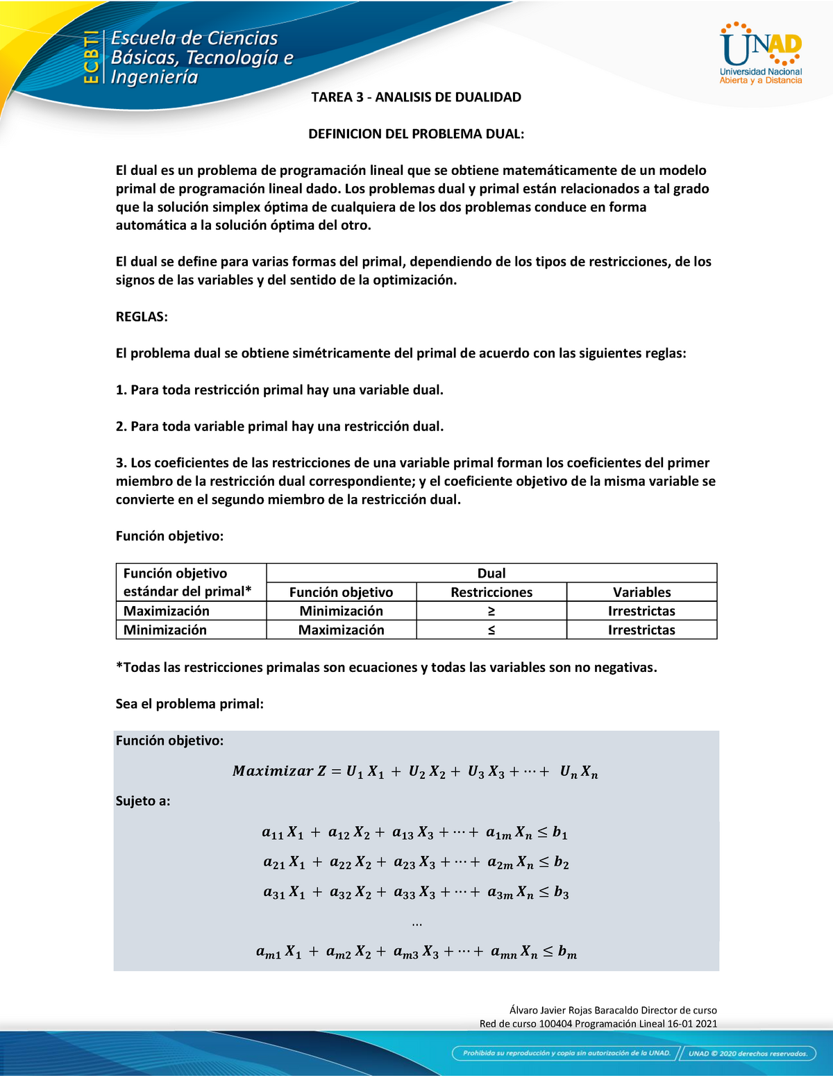 Tarea 3 Analis DE Dualidad 100404 PL (16-01) 2021 - Álvaro Javier Rojas  Baracaldo Director de curso - Studocu