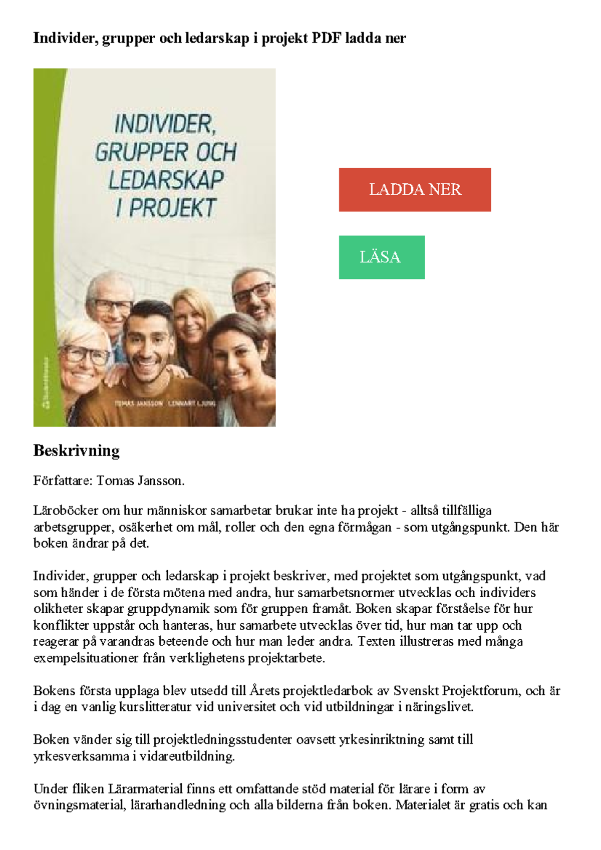 Ladda NER LÄSA. Beskrivning. Individer, Grupper Och Ledarskap I Projekt ...